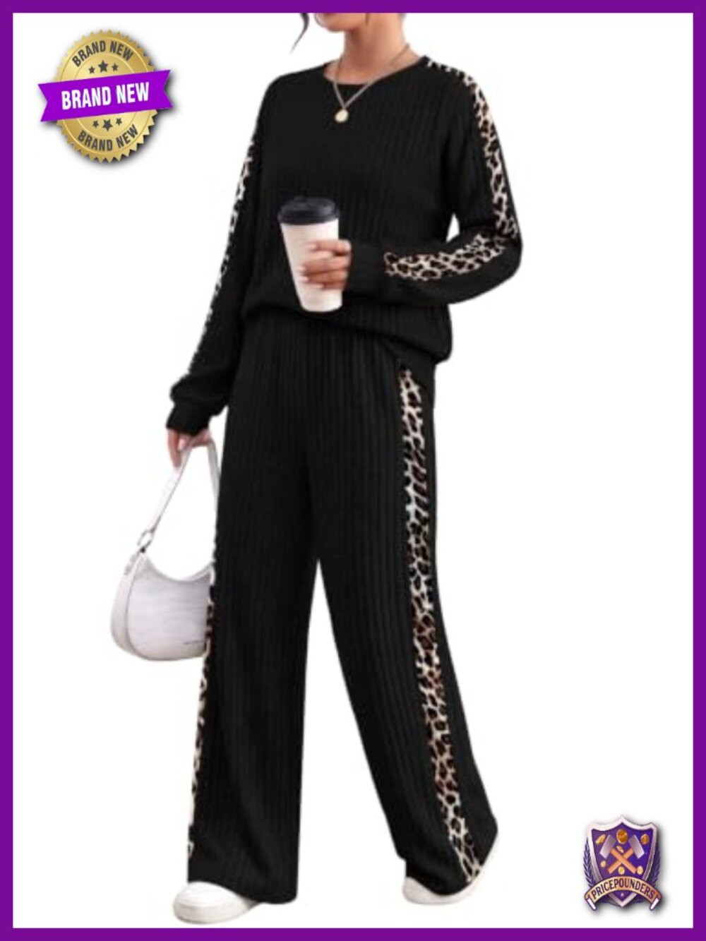 Womens Ribbed Knit 2 Piece Lounge Set Wide Leg Pant Set Long Sleeve